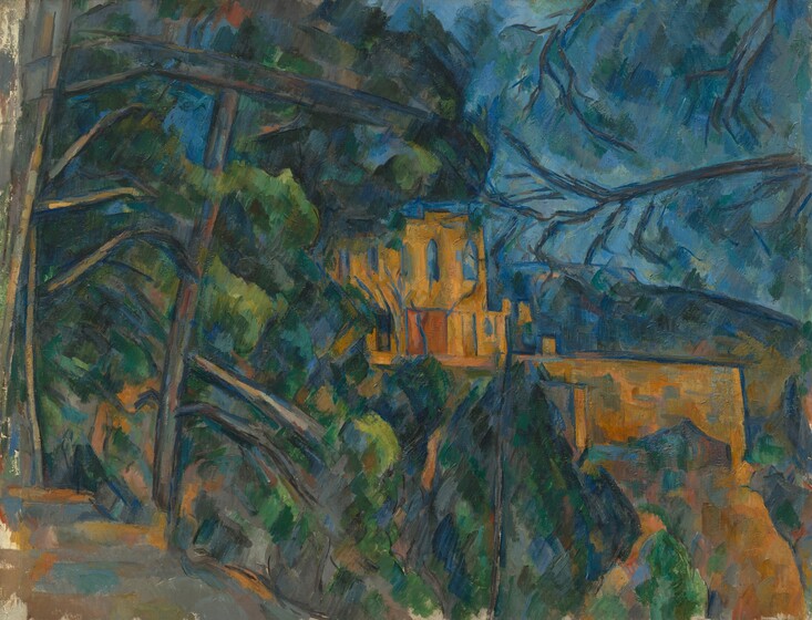 We look across a forested ravine painted in deep greens and blues at a terracotta-orange building at the top of a hill at the center of this nearly square, loosely painted landscape. Spring and moss-green trees grow along the ravine in front of us and up the left side of the canvas. Shadows within the densely forested area are painted with slate and royal blue with touches of plum and lavender purple, and the blue continues into the sky in the upper right quadrant of the composition. The sky is visible through the pointed, arched windows on the upper level of the building, giving the impression that it might be incomplete or in ruins. The building is made up of two stories over a protruding base, which could be a fortress-like structure below or a cliff face. Loose, thick brushstrokes are visible throughout.