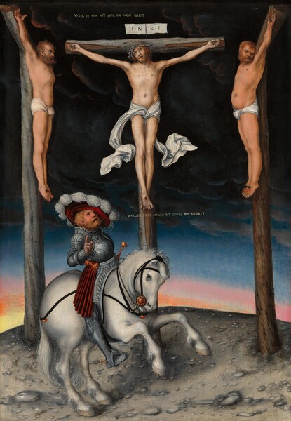 Men hanging on three, rough-hewn, grayish-brown wooden crosses on a low, stony hill with a man on horseback at their feet fill this vertical painting. All the people have pale skin and the crucified men all wear white loincloths wrapped around their hips. The man on the central cross, Jesus, has a close-cropped beard and a ring of thorns around his scraggly, reddish-brown hair. His head tilts to our left and his eyes roll up under knit brows, his mouth slack. His long loincloth swirls in the wind on either side of his knees. Each hand is nailed to the cross and his overlapping feet are nailed with a third. The letters “INRI” are inscribed on a strip of paper above the cross. The men on the other crosses have more tanned, swarthier skin and the crosses are angled to face Jesus. Both have reddish beards and short hair, and their loincloths are tightly tied. The man to our left has a lean build and looks at Jesus so is seen in profile. The man to our right turns his head away, to face us, and has a heavier build. At the foot of the central cross, the silvery-gray horse faces our right in profile as it rears off its front legs. The rider wears pewter-gray armor with a ruby-red, wide-brimmed hat with a ring of puffy, white feathers along its edge. The rider has short, flax-colored hair and a trimmed beard. He looks up at Jesus with mouth open and raises his right hand, with the first two fingers raised. Pleated red fabric hangs from his right hip and the gold hilt of a sword hangs off the opposite hip. The hill is lunar-gray and scattered with stones. The sky behind the hill and crosses deepens from buttercup yellow along the hill to marigold orange, blush pink, and indigo blue. The top half of the sky is filled with heavy, roiling, steel-gray clouds. A line of text painted with pale yellow is placed near the horseman’s mouth, and it reads, “WARLICH DISER MENSCH IST GOTES SVN GEWEST.” A second line of text appears near the top center, over Jesus’s cross: “VATER IN DEIN HET BEFIL ICH MEIN GAIST.”