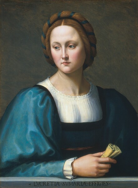 Shown from the waist up, a pale-skinned young woman with tawny-brown hair wears a sapphire-blue gown in this vertical portrait painting. Her body is angled slightly to our right, and she turns her head back to our left to gaze down in that direction with dark blue eyes under thin brows. A delicate wash of petal pink tinges her cheeks on either side of a slender nose over small, pale rose lips, which are closed. Shadows mark the hollows of the temples in her high forehead, the hollows of her high cheeks within her broad face, and the corners of her eyes. Her hair is coiled and wound round with a blue ribbon, which together cross over the top of her head. Her gown has voluminous, puffy sleeves and a low, squared neckline edged with black. The vertically pleated white chemise under her gown covers her chest, and a white cuff peeks out from the sleeve we see. That arm, on our left, rests in front of her on a slate-blue ledge. She holds a tightly folded piece of flax-brown fabric clutched in that hand. Black letters on the face of the ledge read, “LVCRETIAE.SVMARIAE.EFFIGIES.”