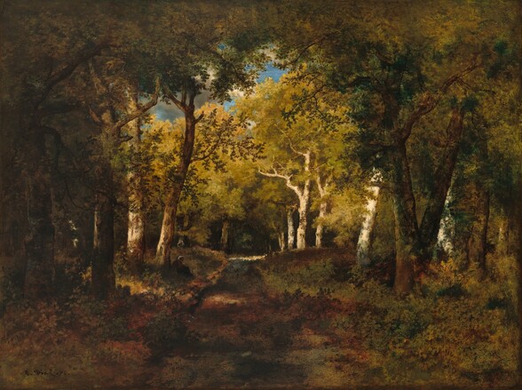 A path enclosed almost entirely with trees stretches into a dense, sun-dappled forest before us in this horizontal landscape painting. The trunks, leaves, undergrowth, and part of the path closest to us are painted in shadowy tones of ash brown, brick red, and muted green. Sunlight from the left burnishes the canopies of trees in the middle distance to a muted gold. A patch of azure-blue sky is glimpsed above that copse. Deep in shadow, a woman wearing a dark garment and white cap sits huddled at the foot of a tree on the left. The path becomes deeply shadowed again as it moves into the far distance. The artist signed and dated the lower left, “N. Diaz, '74.”