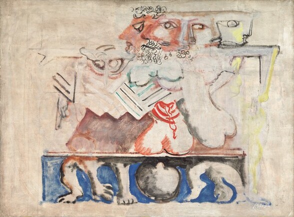 Against a background of mottled pale gray and ivory-white, a row of four faces floats above at least two nude torsos that seem to sit on a rectangular frieze in this surreal, abstracted, horizontal painting. Lined up and overlapping in a row the upper right quadrant, two faces face our left in profile, or nearly in profile, while two face the opposite direction. The faces are sketchily drawn so their exact orientation is unclear, though they may revolve as if on an axis. The eyes and mouths of all four faces are outlined in black. The pair to our left are ruddy, tinged with clay-red. The face to our far left has curly black hair and the face next to it has a curly black beard. The pair of faces in profile to the right are outlined in black against the off-white canvas. A streak of lemon-yellow pigment seems to issue from the eye of the rightmost face, and down along an arm immediately below the chin. The upper arm extends across the canvas under the face and then turns ninety degrees at the elbow to point downwards. Another arm extends from the leftmost face, pointing rigidly off the edge of the canvas. Below that a hand points straight down. In the zone below, intersecting, V-shaped patterns to our left are overlapped by breast-like curves. Next to these are two nude torsos with narrow waists, suggesting they are female, seen from the back. The torso on the left, near the center of the composition, is shaded with slashes of crimson red. Next to her to our left, and under the V-shaped forms, is a field of smoky purple. The rectangular form on which the torsos sit has a cobalt blue background with a white sphere shaded with charcoal gray at the center, with trios of dog-like paws or feet to either side. The artist signed the work in the lower right with bright white paint against the cream-white background: “Rothko.”