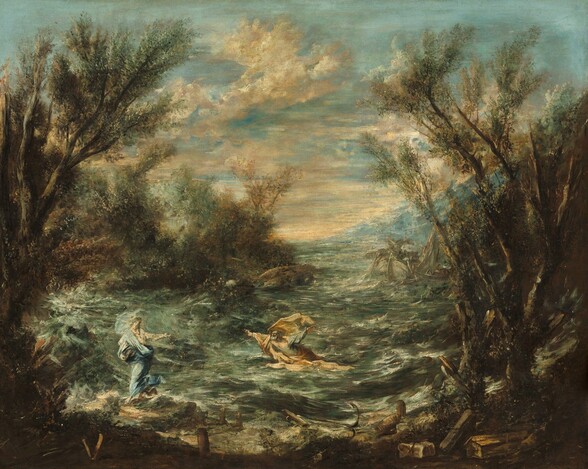 Two pale-skinned men face each other across surging waves in a cove surrounded by trees in this horizontal painting. Tall trees to each side have dark, gnarled trunks and small, olive-green leaves. They curve toward each other like parentheses. Swirling sage-green and muted turquoise water kicks up waves highlighted with ivory white. The water heaves in great waves back into the distance where it meets a blue form, which could be a mountain or more water. The men are small in scale within the domineering landscape. One man stands on the shore near the lower left corner. His topaz-blue cloak lifts high in the wind behind him. He is barefoot, has long brown hair, and he holds out one hand toward the second man, who is waist-deep in the water. That second man’s honey-yellow and blue robes whirl around him as he lunges forward, arms spread wide. The narrow band of land spanning the bottom edge of the canvas is strewn with jugs and bits of stone and lumber. A pale ship with a man leaning over our side is barely visible on the right at the mouth of the cove. Above the scene, a robin’s egg-blue sky peeks out from wide streaks of flax-yellow and peanut-brown clouds.