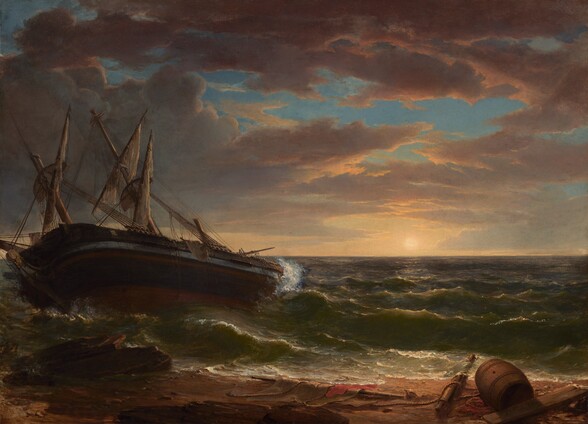 A large, dark sailing ship to our left is stranded near the shore, angled dramatically away from us, in choppy waves under a periwinkle-blue sky streaked with gray and copper-colored clouds in this horizontal painting. Two tall masts on the ship angle steeply away, showing that the boat nearly lies on its side. The third mast is broken. The rigging is askew and the sails are tattered. Light catches a steel-blue band around the deck. Broken pieces of masts, swaths of limp, gray sails, thick rope, and a wooden barrel on its side are scattered along the beach in front of us. Bottle-green waves break gently on the beach, but white foam kicks up around the hull. Low, bronze-brown rocks jut outwards from the beach to our left. To our right, a pale, yellow sun glows hazily just over the horizon, which comes about a third of the way up the canvas. The dark gray clouds brighten to pale yellow, lavender purple, and mauve pink along the edges and near the sun. The artist signed and dated the painting as if he had inscribed a board lying in the shadow cast by the barrel in the lower right corner: “A.B.Durand 1884.”