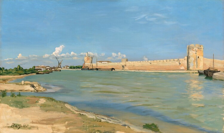 From a sandy beach, we look across a sun-drenched body of water enclosed by a long, sand-colored, crenelated wall in this horizontal landscape painting. The scene is loosely painted, especially in the beach closer to us and in the water, which is a blend of aquamarine blue and honeydew green. The beach has a few areas of celery-green growth. The shoreline stretches away along the left side of the painting, back to an area with emerald-green trees. A few boats, painted with swipes of black and peanut brown, are pulled up to the beach near the trees. Spanning the right two-thirds of the composition, the wall angles away from us so the closest part of the wall is to our right. There is a round, stout tower at the end of the wall to our left and another near the right edge of the canvas, though the wall continues beyond that tower. There is an arched doorway about halfway long the length of the wall. The water is smoothly painted with only a few ripples where the tower to our right reflects in the surface. In the narrow space between the beach to our left and the wall to our right, a few buildings, a windmill, and more trees line the horizon in the distance. The top half of the painting is given over to a topaz-blue sky, with only a few puffy white clouds near the horizon.