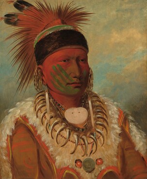 This vertical portrait shows the head, shoulders, and chest of an indiginous Iowan man with brown skin whose face is mostly painted with red and green. His body and face are angled to our right and he looks into the distance with dark eyes. Crimson-red paint covers his forehead, the sides of his cheeks, and neck. Four parallel lines of pine green angle up his right cheek, on our left, like the four fingers of a hand. A green line on the other cheek could be the thumb, and the palm might have left the green mark on his chin. The man’s nose and cheeks near the nose are unpainted. His spiky headdress is ornamented with two feathers and is held in place with a wide band of dark fur that wraps across his forehead and around the back of his head. Earrings hang from the lobes and tops of his ears, and he wears a necklace made up of bear claws, beads, and seashells, including an oval shaped, medallion-like shell at his throat. His garment is made up of white fur and what appears to be tawny-brown animal hide. Tan-colored clouds create a screen across an ice-blue sky in the background.