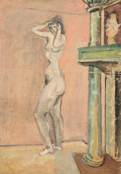 Untitled (female nude standing by a fireplace)