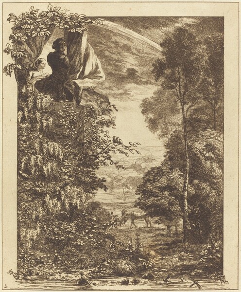 A Rainbow Landscape with Two Women Viewing it from Above