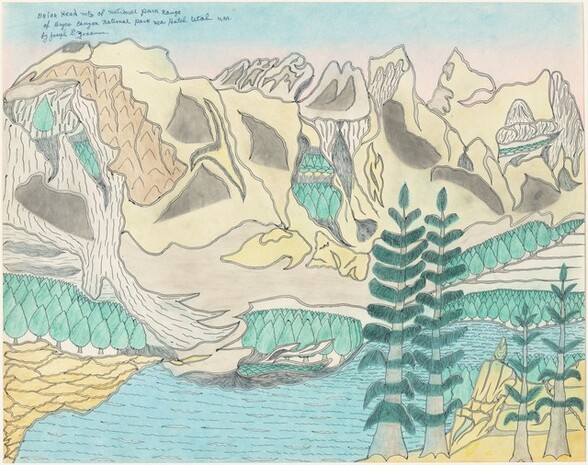 A mountain range, lake, and forest dominate the landscape in this horizontal, colored drawing on paper. The terrain and trees of the mountains are drawn with outlined areas of flat color in ivory, parchment yellow, smoke gray, pinkish-beige, and teal green. A valley of evergreen trees and a baby-blue lake spans the bottom third of the drawing. A hand-written inscription in the top left of the pale blue sky reads, “Briar Head mtn of National Park Range of Bryce Canyon National Park near Hatch Utah U.S.A by Joseph E. Yoakum.”