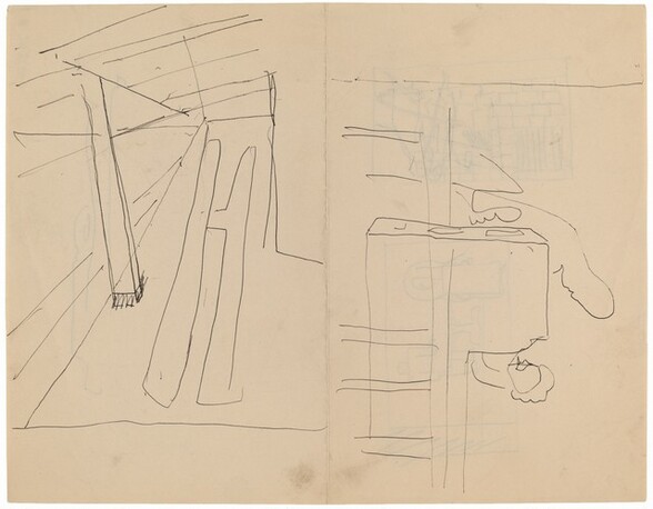 Two Figures behind a Railing, Room Interior with Beam [recto]