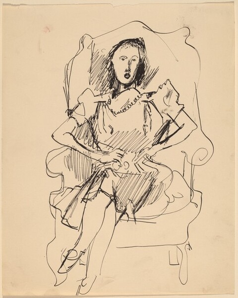 Woman Seated in Wing Chair, Legs Crossed