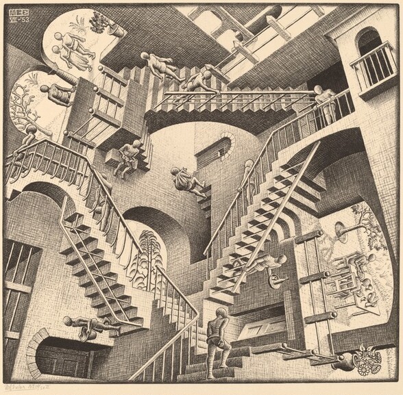 Created with black lines and shading on cream-colored paper, we seem to look down onto three, interconnected staircases in a triangle that shifts constantly to create an optical illusion in this square print. Nine faceless people walk up and down the staircases towards landings that are positioned at different angles. The bodies of the people are generalized, and some carry baskets, sacks, trays, or are empty-handed. There are arched doorways and openings on each landing and between some of the landings. Some doors are closed or ajar, and other arches open onto outdoor scenes with trees. Two people sit at a food-laden table through a wide opening, sideways, to our right. As our eye follows the progress of each individual person, we are constantly interrupted by a staircase, landing, door, or other person that disorients our sense of space.