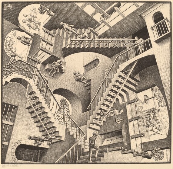 Printed with black lines and shading on cream-colored paper, we look down onto three, interconnected staircases in a triangle that shifts constantly to create an optical illusion in this square lithograph. Nine faceless people walk up and down the staircases toward landings that are positioned at different angles. The bodies of the people are generalized, and some carry baskets, sacks, trays, or are empty-handed. There are arched doorways and openings on each landing and between some of the landings. Some doors are closed or ajar, and other arches open onto outdoor scenes with trees. Two people sit at a food-laden table through a wide opening, sideways, to our right. As our eye follows the progress of each individual person, we are constantly interrupted by a staircase, landing, door, or other person that disorients our sense of space. The blocky, conjoined letters “MCE” appear in the space of the image at the upper left corner. Below it, in white against the dark background, it reads, 