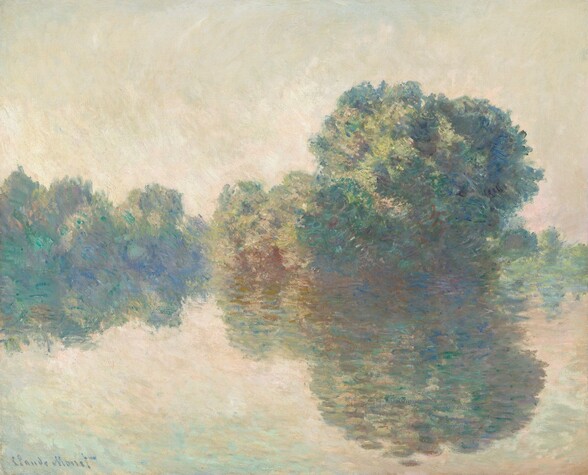 The rounded, feathery canopies of trees are mirrored in the placid surface of a river in this horizontal landscape painting. The scene is loosely painted with visible dashes and strokes. The largest tree is to our right of center. Touches of cucumber and emerald green, eggplant purple, indigo blue, and smoke gray create the cloud-like canopy. More bushes and trees to either side are created with dashes of cool sky and lapis blue, mint and sage green, and muted rust red. The horizon runs across the middle of the canvas. The sky above and the reflection of it below are painted with longer, curving strokes of parchment white and pale shell pink. The artist signed the painting in the lower left corner, “Claude Monet.”