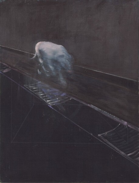Painted entirely in shades of white, charcoal, and steel gray, a slim, white, almost ghostly dog makes its way from our left to right with its snout held low, along a sidewalk or rails in this vertical composition. The dog is thinly painted and blurry, as if shown in action, so the details are difficult to make out. The dark, gray space is defined only by three diagonals running from the center of the left edge down into the lower right corner. Within the band made by the lower two diagonals, two parallel sets of curving, parallel lines suggest grates or gutters over storm drains. Seeming unrelated to the rest of the image, three faint, gray, ruled lines radiate upward from a point near the lower-left corner to intersect the lowermost border defining the gutter.