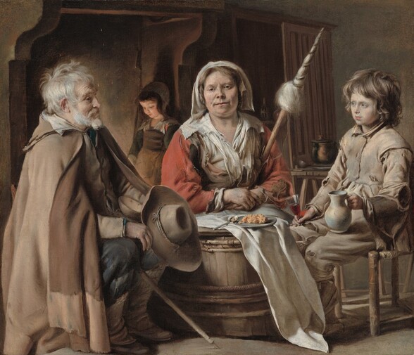 An elderly man, woman, and boy sit around a makeshift table in an interior as a girl stands by a fire in the background in this nearly square painting. The man, woman, and boy sit at a low, wide barrel partially covered with a white cloth. Their pale skin and clothing, in frosty tones of sand brown and white, are washed out by the bright, cold light coming from our left. Their clothing has rips and holes. To our left, the man sits facing our right in profile. He has tousled gray hair and a short beard and moustache. Wrinkles line his forehead over bushy brows, and a deep crease connects his nose and the corner of the mouth we can see. He wears a brown cloak and vest, and dark blue pants are tucked into his boots. He holds a wide-brimmed hat in his lap, and a walking sick with a spike on the end rests between his knees. An empty wooden bowl is tucked in near one elbow. The woman sits in the center facing us with one hand holding the other, close to her body on her lap. A pointed staff wrapped with white wool, a spindle, is tucked into one elbow. Her bronze-colored hair is covered by a white cap. Her small, dark eyes gaze, unfocused, toward us. She has a wide face and the hint of a double chin. She wears a muted red jacket over a frayed white shirt. The red is echoed in the tall, narrow glass of liquid the boy holds near one knee, to our right. Light glints off his arctic-blue eyes as he gazes at the old man. Pale blue shadows make the skin around the boy’s delicate nose, eyes, and mouth look almost translucent. His full pink lips are closed. His ash-brown hair is choppily cut and also tousled. He holds a jug in one hand and the glass in the other. A pewter plate and spoon rest on the barrel, and the plate holds a mound of unidentifiable, peach-colored food. The young girl stands at a tall hearth on the left side of the room beyond the man and woman. She faces our left and looks down, her face warmed to rosy pink by the fire below. She wears a brown pinafore, and stands of brown hair escape from her cap. In the background to our right is an open door next to a table or wooden shelf holding a pot, at least one plate, and a ladle.