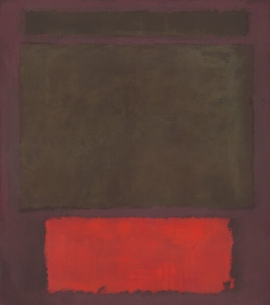 Rectangles in ash brown and ruby red float against a background of deep, eggplant purple in this vertical, abstract painting. One narrow, dark brown band runs parallel to the top edge of the painting. The rectangle below the band is the same width, and is nearly square. That shape takes up more than half the composition, and is mottled with bronze brown and murky green. A vivid red rectangle floating below is not as wide as the band and the large rectangle. The edges of the shapes are blended, giving it a blurry look. Some brushstrokes are visible and the paint has dripped in a few places. For instance, a couple drops of the eggplant purple drop into the largest brown form.