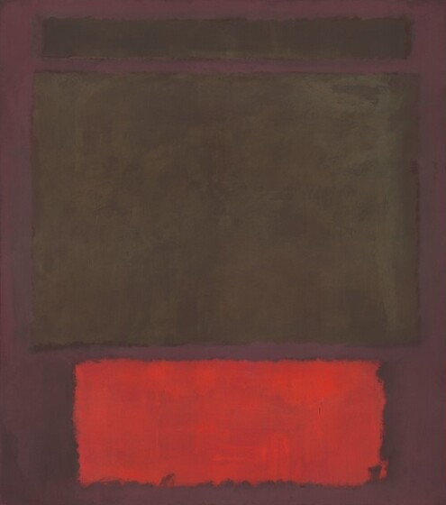 Rectangles in ash brown and ruby red float against a background of deep, eggplant purple in this vertical, abstract painting. One narrow, dark brown band runs parallel to the top edge of the painting. The rectangle below the band is the same width, and is nearly square. That shape takes up more than half the composition, and is mottled with bronze brown and murky green. A vivid red rectangle floating below is not as wide as the band and the large rectangle. The edges of the shapes are blended, giving it a blurry look. Some brushstrokes are visible and the paint has dripped in a few places. For instance, a couple drops of the eggplant purple drop into the largest brown form.