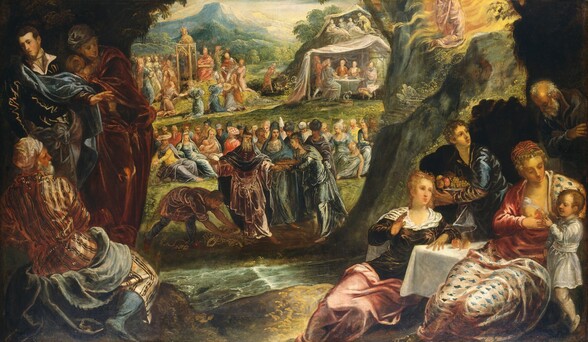 Dozens of men, women, and a few children gather in groups amid a grassy landscape with a mountain in the distance in this horizontal painting. All of the people have fair or ruddy skin and wear flowing cloaks over long tunics or gowns. Warm light from the upper left illuminates the two groups closest to us, which cluster along the left and right edges of the canvas. Each group is set against a dark background suggesting cave walls or rocky outcroppings. On the left, an elderly man sits with his back to us as he looks across this shoulder to our right. He wears an amber-brown robe with chocolate-brown stripes and a denim-blue boot on the foot we can see. His head is wrapped in a white turban and his tan face is framed by a salt-and-pepper beard. Steel-blue fabric drapes across his hips. A man and woman stand just beyond him, facing us. The young, bearded, dark-haired man wears a gleaming sea-blue cloak over a burgundy-red garment. The woman is wrapped in a rust-red cloak and holds an infant close to her cheek. Along the right edge, two blond women and a young child gather around a table covered with a white cloth. The woman seated on the far side of the table wears a velvety, chocolate-brown gown with a white kerchief around her shoulders, and rose-pink fabric drapes across her lap. She faces us with her upper body turned to our right as she gazes up and to our right with one hand raised. A youth cradling a silver bowl filled with fruit stands behind her with his head also turned to look in the same direction. Along the rightmost edge of the canvas, a woman sits facing us, wearing a coral-red gown with one breast exposed along a low neckline. Blush-pink fabric patterned with teal-blue diamonds drapes over one shoulder and across her lap. She tilts her head to our right and gazes down at the child standing by her side. The child wears a silver-grey tunic and has closely cropped brown hair. The woman offers the child an orange fruit. An elderly, balding man with a long silver-grey beard and hair stands behind the woman, at the top of the group. His arms cross his chest while he bows slightly. Between the rocky outcroppings that back both groups, a grassy meadow stretches to a hazy blue mountain in the distance. A narrow stream runs across the painting just beyond the outcroppings. Several people at the far side of the stream flank a tall man with a long beard who stands facing us. He wears a full-length, brick-red robe with a black mantle draped over his head, across his arms, and down his back. A headdress over the mantle has peaks like a crescent moon. To his right, our left, a man also wearing a red tunic and spruce-blue leggings bends down to place a gold circle or dish on a pile of other gold objects on the ground. Two women and two men are clustered to his left, our right. The women wear blue-green robes and the men have lead-grey cloaks. About twenty-five men and women along with two small children sitting on the ground create a band across the landscape beyond the group at the stream. They wear gold, aquamarine-blue, canary-yellow, and scarlet-red garments. To the left beyond this group, a crowd circles around a tall narrow structure supporting a gold-colored calf. The people look up at the animal while four women kneel in front, playing instruments. To our right, in the distance, four men and women sit around a cloth-covered table under a tent-like canopy. There are dishes on the table and a fifth person stands nearby, presumably serving the group. On a hill that rises steeply behind the tent, another group of four people recline in a similar canopied structure. At the center of the painting, between the tents and the group around the calf, a single bearded man with white hair walks toward our right in profile, the arm we can see extended. The landscape beyond the people has a lake lined with trees at the foot of the hazy mountain, which almost reaches the top of the composition. Finally, in the upper right corner, atop the rocky outcropping close to us, a person, seen from the waist down, kneels, wearing a rose-pink garment. Golden yellow flames flicker out around and behind the person.