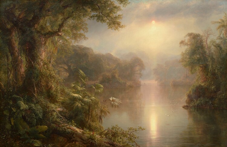 We look through a tropical forest lining a hazy, wide, placid river in this horizontal landscape painting. Densely packed trees, bushes, and plants create shadowed, thickly forested banks along both sides of the river. The trees are covered with climbing vines, and they have gnarled, sprawling branches. Light catches the flat leaves of a palm-like plant close to us to our left, and once we take a closer look, we find two miniscule black birds with cherry-red chests perched on a long curving stem. The vegetation is reflected in the water’s surface into the distance, where it becomes pale mauve-pink and blends imperceptibly with the sky and clouds. A flock of white birds create a long line low over the water to our right. The sun is a small disk of white low in the humid sky amid pale lavender-purple clouds. The sun reflects in the calm surface of the water below, and it brings our attention to a person rowing a canoe, barely visible on the river in the deep, misty distance.