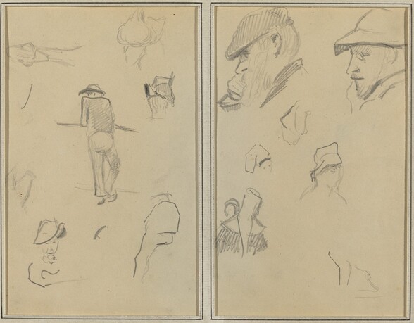 A Man Leaning on a Wall with Five Other Studies; Two Bearded Men Wearing Hats, and Five Other Studies [recto]