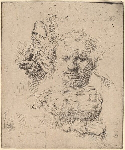 Sheet of Studies with the Head of the Artist, a Beggar Man, and Woman and Child