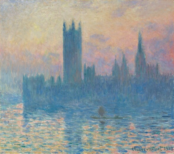 A row of spire-like structures of different heights is silhouetted in azure blue against a soft pink, yellow, peach, and lavender sunset and reflected in a rippling river in this nearly square landscape painting. Along the horizon, the buildings stretch from our right, almost fully across the canvas, and are painted with vertical brushstrokes in cool shades of blue. The sky behind the towers seems hazy with intermingling, pastel-colored clouds. The buildings are reflected in the river, which fills the bottom third of the painting. The surface of the water is painted with short, horizontal brushstrokes in azure blue for the buildings, and apricot, rose, and marigold colors for the sky’s reflection. Not noticeable at first, a streak and smudge of olive-green paint on the water represents a person in a boat near the center of the painting. The artist signed and dated the work in the same olive color at the lower right: “Claude Monet 1903.”