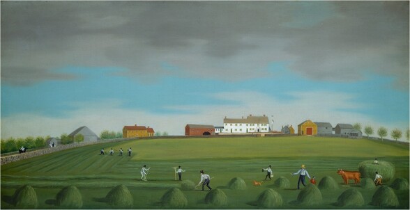 We look across a grassy field toward farm buildings spaced along a low rise, outlined against a blue sky in this long, horizontal landscape painting. Just over a dozen mounds, like green haystacks, create a row along the bottom edge of the composition. Several men wearing white shirts, black pants, and tall, black hats work with rakes nearby. One man, wearing a yellow hat, walks holding the hand of a child, who wears a red shirt. A dog trots alongside another man who carries a basket and a bottle. To our right, another man works next to a wagon loaded with the green harvest. Two brown oxen stand hitched to the wagon. The field stretches out in front of us. Four men work in neighboring rows, each holding a scythe, in the field to our left. At least a dozen buildings are lined up along the gently curving horizon, which comes a third of the way up the composition. There is a long, two-story, white house with a tan roof at the center. To either side are buildings in slate gray, mustard yellow, or brick red, sometimes spaced out and sometimes overlapping. A low rock wall runs up along the left edge of the painting, and two people ride horses in the lane on the far side. Tufts of trees are tucked in among the structures to our left, and a row of loosely spaced trees grows along the ridge to our right. White clouds line the horizon below a turquoise-blue sky. A band of nickel-gray clouds runs along the top edge of the painting.