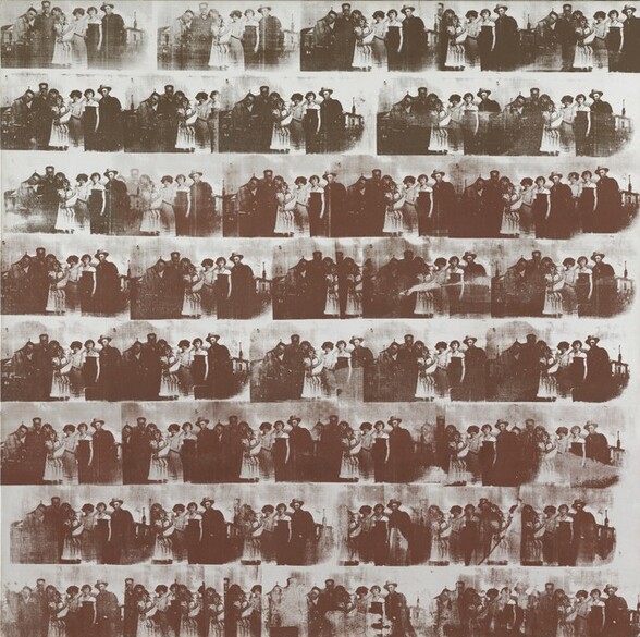 In tones of dark sepia and coffee brown against a silvery-white background, a rectangular image taken from a photograph is repeated to make a grid with five across and eight rows in this square silkscreen painting. The repeated images are indistinct and grainy, though some are clearer than others. The image shows three men, four women, and a baby gathered in front of what could be a farmhouse. Shown from the knees up, the people appear to have light skin and most of them smile. The women wear dresses and one man, to our right, wears a brimmed hat. The sky above them is marked with fine, parallel, curving lines, reminiscent of fingerprint whorls.