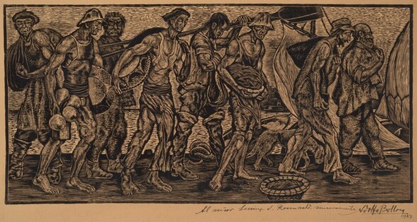 Printed with bold black lines against tan-colored paper, eight men and a dog walk in a loose line from left to right in this long, horizontal woodcut. The men carry baskets, bundles, sacks, a shovel, and a rope. Most wear sleeveless shirts and long or short pants. Four are barefoot, and four wear boots or their feet are wrapped in cloth. Closely spaced, the mostly curved lines of the men's clothing, muscled arms, drawn faces, and hatching across the background create a dense pattern over the entire surface. An inscription in pen is written in cursive across the bottom margin: Al senior Lessing J. Rosenwald sinceramente Adolfo Bellocq 1927.