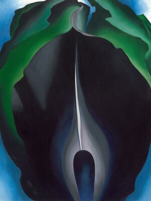 An abstracted painting of a roughly oval-shaped jack-in-the-pulpit flower fills this vertical composition with cool, saturated blues, grays, and greens. A royal-blue elongated, rounded core at the bottom center is surrounded by a pale gray flame-like shape. Petals flare outward and up around the core to reach toward the sides and top of the canvas. A thin white line extends upward from the top center of the core to meet the pointed tip of the unfurling, innermost midnight-blue petal. Layers of green, reminiscent of leaves, curl outward around the top half of the flower. Pale blue in each of the four corners creates the impression of a background behind the flower, and fades to white at the top corners.