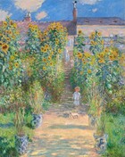 A small child stands facing us on a sun-dappled path that runs up the center of a garden dominated by towering yellow and burnt-orange sunflowers in this loosely painted, vertical scene. The light comes from our right so long, sea-green and plum-purple shadows cross the peach-colored path. The path is wide at the bottom center of the canvas and narrows as it reaches the steps of a house, beyond the garden. Close to us, four blue and white porcelain urns line the path, separating it from the grassy banks to either side. The urns are filled with tall stems with coral-pink and cardinal-red flowers. The child stands about halfway back along the path, where the garden transitions from grass to the banks of tall sunflowers. A few strokes in front of the child could be a small dog. Behind the child, a woman and another child stand on the steps. The woman wears a cornflower-blue and white dress, while both children have bare legs and wear white clothes and yellow hats. All three have indistinct facial features and peach-colored skin. The house spans with width of the composition. It has an amethyst-purple roofline with two chimneys, and the petal-pink walls have mango-yellow highlights. Windows are covered with blue latticework. Above the house, fluffy white clouds float against a vibrant blue sky. The artist signed and dated the painting at the lower right in dark blue, “Claude Monet 80.”