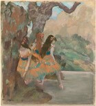 Three pale-skinned ballet dancers wearing orange and dark turquoise costumes stand together on a stage in this square composition, which is painted with gouache and drawn with pastel over a monotype print. The dancers are close together near the center of the drawing, between two scrims representing trees, bushes, and grass on the theater set. A backdrop beyond suggests bushes and a tan-colored mountain under a blue sky. Two ballerinas face away from us. The dancer to the left has long, copper-red hair, and the one to the right has long brown hair. That second dancer leans onto one pointed toe. The third dancer, also with brown hair, is closer to and faces us, but she bends forward to adjust one shoe, and her face is hidden behind the stage setting. All three have peach-colored flowers in their hair, and their costumes have knee-length tutus with alternating layers of orange and turquoise. Swag sleeves lie across the dancers' upper arms from their low-cut bodices, and all three wear pale pink ballet slippers. The scene is drawn and painted with loose, visible strokes of paint and pastel, making many details indistinct. The artist signed the lower left corner, “Degas.”