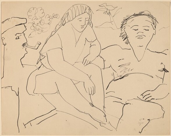 Three Figures, One Smoking a Pipe