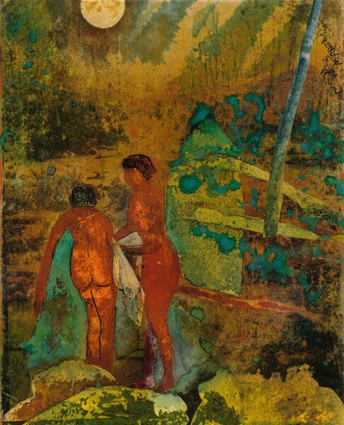 Two nude, brown-skinned people stand in an abstracted landscape in this vertical work created with watercolor, ink, and collage. The two bodies are created with fields of brown mottled with marigold orange, and narrowing waists and flaring hips suggest they are women. Both women have black hair down to their necks drawn in with coiled lines. Near the lower left corner, one woman bends over, her back to us, with her legs pressed together. She holds a turquoise-colored cloth, presumably a towel, to her body. Her torso, spine, buttocks, and legs are outlined in black. Next to her, the other woman seems to face her in profile, but her featureless face is represented with an oval. She reaches toward the other woman with both arms. Closer to us, boulders are implied with rounded areas of shimmering lemon-lime and moss green along the bottom edge of the composition. The landscape beyond the pair is created with patches of tawny brown, teal, black, and grass and seafoam green. Some colors are layered over others and some are like pools of color with ruffled, irregular edges. A pale, butter yellow disc near the upper left corner suggests a sun or moon and a band of slate blue patterned with tiny dots and circles could be a pole or tree trunk to our right. Fragments of printed words are visible under some of the pools of color, especially near the lower right corner. An inscription written in black in the upper right corner reads, “Rom are bear den.”