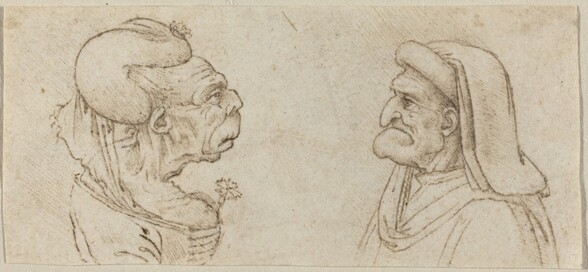 An older man and woman with exaggerated facial features are shown from the chest up as they face each other in profile in this horizontal drawing on tan paper. To our left, the woman has a protruding, deeply wrinkled face with a blunt nose, squinting eyes, and a dramatically downturned mouth. Loose folds of skin sag down her neck and chest. She wears a C-shaped headdress with a loosely drawn veil hanging down the back. A delicate flower sticks out of the ample, wrinkled decolletage encased in her low-cut bodice. The man opposite her has deep-set eyes over a long, hooked nose and a lumpy, potato-like chin jutting out from his craggy face. His hair is covered by a headdress with a padded brim. A long scarf drapes over his head and across his chest. His shoulders and back are suggested by a few short pen strokes.