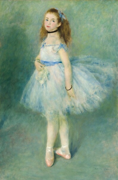 A pale-skinned girl wearing an arctic-blue ballet costume stands looking at us and almost fills this vertical painting. The scene is painted with blended strokes, giving it a soft, almost blurry look. In pale pink ballet slippers, she stands with her feet in fifth position, so the toes are turned out while her feet are almost parallel, the heel of the front foot touching the toes of the other. Her body faces our left, and she turns her head to look at us with blue eyes. She has delicate, dark brows, rosy cheeks, and full pink lips. Her long honey-brown hair is tied with a sky-blue ribbon like a headband. The fitted bodice of her pale blue dress has a lapis-blue bow at the chest, and the short sleeves tie around the sides of her shoulders. A sash around her middle is also lapis blue. The knee-length tutu has layers of light fabric, and seems to fly up behind her. She wears a black choker necklace and a black bracelet on each wrist. She holds a white object, perhaps a lacy handkerchief, in her right hand at her waist. Her other arm, closer to us, hangs down by her side as she touches the tutu. The background is painted with strokes of spring, sage, and pine green with touches of teal blue. The artist signed and dated the lower right, “A. Renoir. 74.”