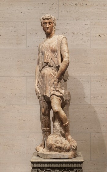 A clean-shaven, young man, David, stands with his feet to either side of a severed head in this free-standing marble sculpture. In this view, David’s body angles to our left but he turns his oval face to us as he looks into the distance with wide eyes. He has a straight nose, closed lips, and a round chin. Short hair curls on his forehead and to the nape of his neck. The strap of a satchel is slung over one shoulder and across his torso over a thigh-length toga. He stands with his weight on his right foot, to our left, and the other knee bent so the foot rests at an angle along the jawline of the severed head. David holds the strap of a long slingshot down by his right side, to our left, so the pocket end of the slingshot rests on the ground at that foot. The other hand is braced, palm out, on the slightly bent thigh. The severed head is larger in scale than David’s head, and it lies on one ear. The head has a beard, curly hair, and the eyes are closed. A column of marble behind the pair help support the stone’s weight. The surface of the marble has deepened to parchment white in some areas and is a darker tan on David’s face. The sculpture has an oval base carved from the same stone, and it rests on a pedestal against a pale pink stone wall.