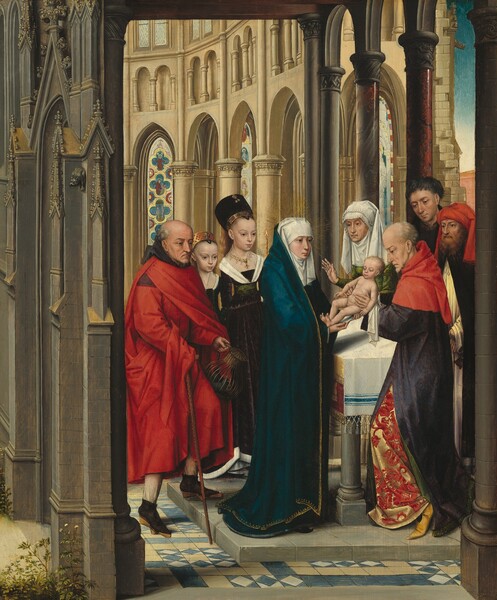 Inside a church-like space with columns, pointed arches, and stained glass windows, eight regally dressed, light-skinned people stand around and look at a naked male baby held over an altar by a woman and a man in this vertical painting. The baby has wispy blond hair, long arms and legs, a narrow torso, and his facial features are proportioned like those of an adult. To our left of the baby, the woman holding the infant faces to our right almost in profile. She is smooth skinned with hooded brown eyes, a long nose, and a rosebud mouth. She wears an ocean-blue robe trimmed with gold, and a white headpiece covers her head and neck. Gold lines radiating from the heads of the woman and baby create halos. Opposite the woman, to our right, the man supporting the baby faces to our left in profile as he gazes down at the infant. Deep wrinkles line his forehead, eyes, and cheeks, and he is balding with silvery-gray hair. He wears a royal-purple, ankle-length robe over a garment patterned with stylized, ruby-red flowers against a shiny gold background. He also wears a red shoulder cape and yellow shoes with pointed toes. Directly behind the baby, an old woman looks into the distance to our left with deep-set eyes in her wrinkled face. She wears a moss-green dress and a white headdress, and she gestures with her right palm up toward the baby. A trio of people stand to our left, looking toward the central group. To our far left, an older, balding man with gray hair and a deeply lined face wears a red robe with a black hood. In his left hand, he holds a wicker birdcage shaped like a pitcher with a swelling body and a narrow neck, containing a slate-blue bird. He holds a wooden cane in his other hand. Two young women standing next to him both have almond-shaped eyes under arched brows, and delicate noses and mouths. Their blond hair is pulled back with tall, jeweled, black, gold, and red headdresses. They both wear black dresses trimmed with fur at the neckline, and sheer fabric covers their chests. The older girl, to our right, wears a gold, jeweled necklace. To our right of and behind the central trio, two men watch the proceedings. The altar seems to be placed within an arched arcade, with a view to a ruined wall and another building to our right. To our left, the gray stone wall is densely ornamented with stylized, leaf-like decorations carved along the molding and shallow gables. Beyond the altar, the building opens into a curved, apse-like space with three levels of arches and colorful windows.