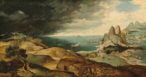 We seem to float above the land, looking across rolling caramel-brown hills towards a shimmering, aquamarine-blue body of water to our left and towns peppered along taller mountains to our right, beneath a sky half given to black storm clouds in this horizontal painting. The horizon comes about halfway up the painting. Only upon closer inspection does one discover dozens of tiny men and women scattered in groups or individually across the landscape. Closest to us but still tiny in relation to the land, at the lower center, a man wearing a scarlet-red tunic and dark pants chops down a tree as another man wearing teal walks away from us. A man snoozes on the grass nearby and another squats in the protection of a hollowed out tree, pants, down, in the lower left corner of the painting. The rolling, light brown hills angle away from us to our left, guiding our eye to a group of people gathered within a crevasse near a spiked wheel suspended in a high frame. At its foot, a person wearing robes kneels and looks up, arms raised, at the wheel, which is on fire. Three people, one wearing armor, lay nearby and others run away. A structure on a rocky outcropping nearby is also on fire, and black smoke billows skywards. In the harbor below, at the center of the composition, two ships founder in the water. People walk and work in pairs and groups through the rest of the landscape, including a bustle of activity around a wooden ship being built to our right. Travelers afoot and on horseback follow a winding road along the harbor towards a castle on the far promontory. Beyond that lies a ship-filled port town, and, across a drawbridge on at the far right, a walled city in the hazy distance. 