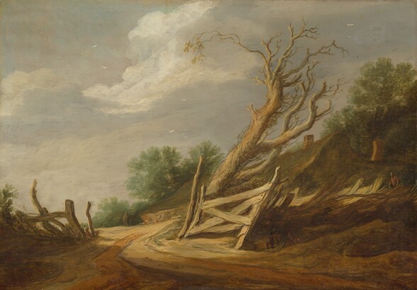 We look across a rutted, dirt road at a rickety wooden gate that leans precipitously to our right, at the same angle as the bare tree behind it in this horizontal landscape painting. The road curves from the lower right corner to the center of the composition, and continues back over a low rise. The gate leans back at an angle next to the road, near the lower right center of the painting. An area in shadow to our right could be the fence continuing along in front of a building with a sloping, moss-green roof that echoes the angle of the gate and tree. The bare branches of the tree twist into the sky from the leaning trunk. A tuft of laurel-green trees peeks up over the road where it passes through the gate. There is a fence post and scrubby bush on the left side of the road. Closer inspection reveals a few people, loosely painted, tucked into the landscape with one to our right of the tree and two just over the hill beyond the gate. A few swipes of white near that pair could be sheep or other animals walking along the road in front of them. Finally, a person, notably tiny in scale so out of proportion to the rest of the scene, stands holding a staff in the shadow cast by the gate. The sky above has white and straw-yellow clouds sweeping up from the horizon, which comes a quarter of the way up the composition, against a dove-gray sky.