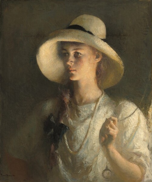 Shown from the waist up, a young woman with pale skin, wearing a wide-brimmed, floppy hat, looks off to our left in this vertical portrait painting. Warm light falls across the woman from our right, throwing the left side of her face into shadow. The straw hat has a rounded crown with a black band around the base. The front and the side of the wide brim to our left are turned up, and it flattens out behind her head and long neck. The woman’s shoulders are angled slightly to our left and she looks in that direction with hazel brown eyes. A faint blush brightens her smooth cheeks, and she has a short nose, a pointed chin, and her full, rose-pink lips are closed. Soft, light brown hair is pulled back and is twisted or braided in a long plait over her right shoulder, to our left, and tied with a black bow. Wispy tendrils fall around her face and down the back of her neck, to our right. Her cream-white garment has puffed sleeves that are pushed up to or gathered at her elbow. A long necklace of the same color white hangs down her chest. Her left arm, to our right, is bent at the elbow as she holds the cord of a window shade. A ring dangles from the end of the cord, near the lower right corner of the painting. Her other hand presumably rests on or near her hip, which is out of our view, but that elbow is bent to the side. The background is mottled with elephant gray and ash brown. The portrait is loosely painted in some areas, especially in the woman’s clothing and the background. The artist signed the work in the lower left corner: “F.W. Benson.”