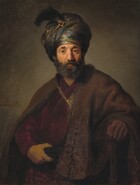 Seen from the waist up, a dark complected white, bearded man wearing a turban and voluminous robes stares at us in this vertical portrait. Lit strongly from the left, the man’s brow is slightly furrowed over brown eyes, and his gray beard is neatly trimmed. His turban is accented with a gold chain and feather, and his fur-lined robe is clasped over a burgundy red-garment with another gold chain. His right hand, on our left, grasps a sash that wraps around his waist, while his other hand rests on a wooden staff. The gray background behind the man deepens into shadows at the corner. The artist’s signature is painted to our left near the man’s upper arm. The first letter “R” is missing so it reads “embrandt ft.” 