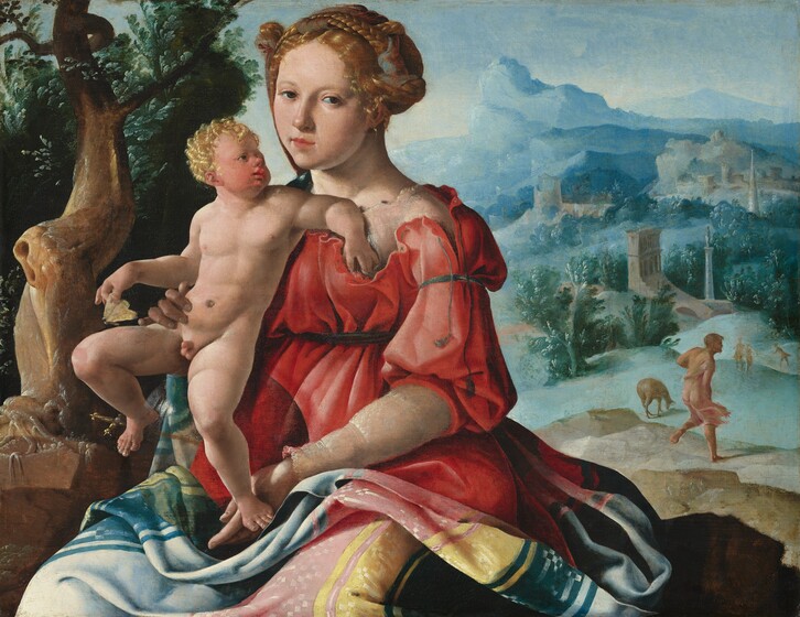 Shown from the knees up, a pale-skinned woman sits in front of a vast landscape and holds a nude baby boy on her lap in this horizontal painting. The woman, Mary, sits with her knees angled to our left, but she looks at us from the corners of brown eyes. She has a delicate nose, smooth cheeks, a pointed chin, and her pink lips are closed. A few strands of blond hair escape from braids that overlap across the top of her head. She wears a rose-red dress over a translucent white undergarment, which is visible along the neckline and on the forearms. A cloth striped with azure and powder blue, pale pink, lemon yellow, and teal drapes across her seated thighs and wraps back around her hips. One hand rests in her lap near one of the baby’s feet, and the other braces the child’s other hip. The baby, Jesus, has tightly curled blond hair and a flushed face. His body resembles a somewhat muscular adult. Jesus rests his shoulders back against the woman’s chest and turns to look up at her. One hand touches one of her breasts and the other holds a butterfly by its parchment-yellow wings. The foot not by the woman’s hand rests on a gold dagger near the woman’s far hip. A gnarled tree with dark green leaves winds from a rocky crag to our left. The pair are lit from our left, and Mary casts a shadow on the large, flat boulder on which she sits. The land dips steeply down beyond the boulder. A man wearing a pale pink garment that flaps in the wind stands on a rocky outcropping near a grazing animal. Tiny in scale, three more people walk or run in the distance to our right. Stone structures are tucked in among tree-dotted hills that roll gently back to a hazy blue, mountainous horizon, which comes about five-sixths of the way up this composition. The sky above is a similar icy blue.