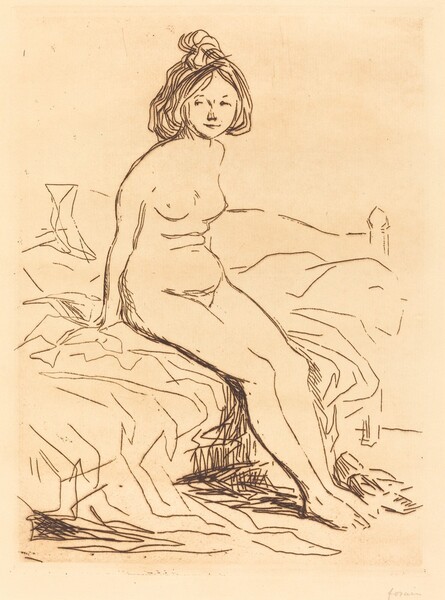 Nude Woman, Seated on Her Bed, Front View