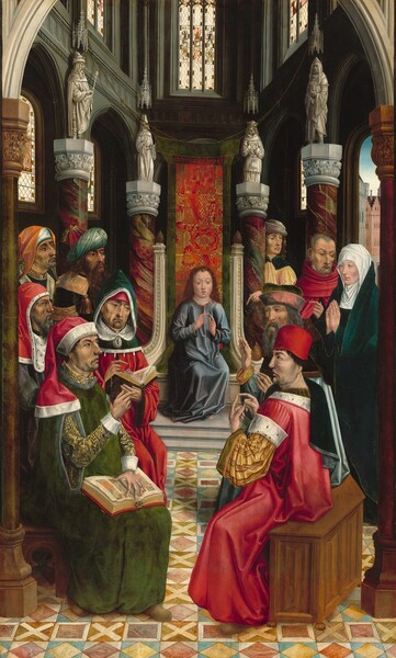 Set in a church, nine men and one woman gather around a throne, on which sits a young boy in this vertical painting. All the people have pale or olive-toned skin. The boy has long, wavy brown hair framing an oval face with delicate features. He looks down in front of him as he holds the tips of his two pointer fingers to touch. His gold-edged, ocean-blue robe falls loosely to the floor over one bare foot. The throne is carved from parchment-white stone and it sits on a low platform set on three shallow steps. Behind the boy, a crimson-red cloth patterned with gold and edged with a moss-green border is held up with four ropes tied into a four-point canopy. Five bearded and cleanshaven men stand and sit in a close group to our left, in front of the throne. They all wear hats, including a turban, hoods, and caps, and long robes in scarlet red, emerald green, and vibrant white. Two hold open books and each man looks in a different direction, either toward the child or toward the group of four men and one woman clustered to our right. At the center of that second group, the woman wears a vivid white cloth covering her head and a teal-blue robe, and she holds her hands together in prayer. Upon closer inspection, one finds that the woman and child’s heads are surrounded by lines radiating out to create haloes. The other four men in the group to our right also wear jewel-toned robes, and all wear caps except for one man, who is bareheaded. The man closest to us holds his hands with fingertips touching, like the child. The floor between the groups, leading up to the throne, is inlaid with square and X-patterns in sky blue, rose pink, golden yellow, and off white. To either side of the throne and behind the groups of men, six columns support statues carved from white stone. The polished columns are marbled with brick red, pine green, and fawn brown. Two taller columns along the left and right edges of the painting support a pale gray stone arch, which is cut off by the top edge. The apse beyond the throne is decorated on the second level with stained glass set within gray stone walls. An arched opening in the wall to our right, above the woman, leads to a view of buildings with stepped rooflines.