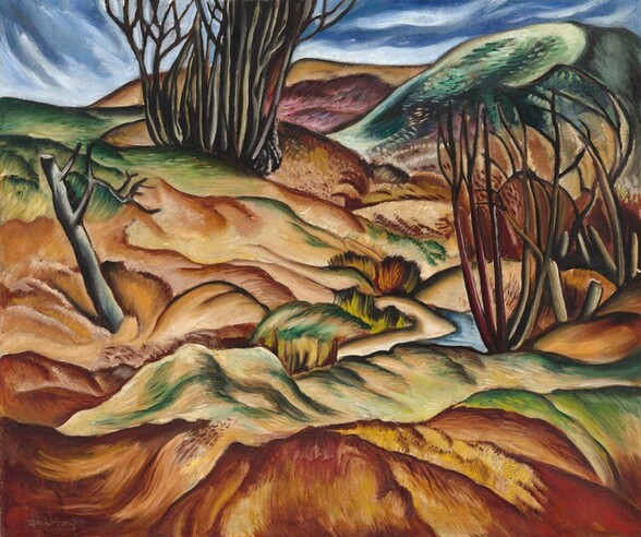 A hilly terrain with ridges, bushes, trees, and rocks outlined in dark brown and filled in with earthy tan and pecan browns, goldenrod yellow, and moss and emerald greens, almost fills this nearly square, stylized landscape painting. Framing the scene is a steel-gray, broken tree trunk to our left and a small grove of leafless bushes, with vertical, nearly straight branches to our right. Another grove of tightly spaced tree trunks is clustered near a smoky, plum purple ridge at the back center, and a touch of clear blue towards the lower right corner suggests a winding stream. A narrow band of sapphire blue sky along the top edge of the canvas is streaked with white clouds painted with long swipes of the brush. The artist signed the work in the lower left corner, “Hale Woodruff.”