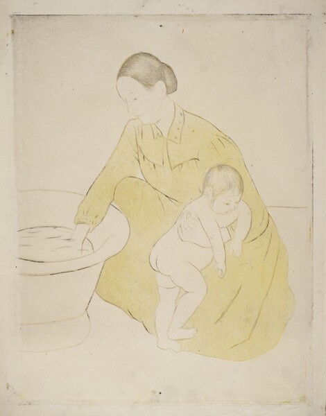 A woman kneels to test the water in a freestanding bathtub with one hand as she braces a nude child against her knee with the other in this vertical, colored print. The people and objects are outlined with brown lines, and both the woman and baby’s hair are incised with delicate black lines. The woman’s hair is pulled back from a high forehead, and she has a straight nose, pursed lips, and a slight double chin. Her long-sleeved, floor-length dress has a narrow collar and is pleated across the chest and at the cuff we can see. The dress is filled in with a field of light yellow. The baby turns toward the woman’s body and hangs their arms over her bracing hand. The baby has short, wispy, black hair with delicate facial features, a rotund belly, and satisfyingly pudgy rolls on the legs. There are some smudges across the paper, especially at the edges.