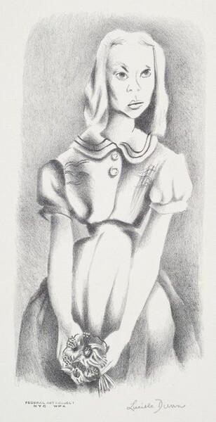 Shown from the knees up, a woman holds a small bouquet of flowers as she looks off to our right in this black and white lithograph. The print’s soft shading gives it the look of a pencil drawing. The woman’s body faces us, but she looks into the distance under pointed eyebrows. She has a long, heart-shaped face with sharp cheekbones. Her nose and closed lips are simply drawn over a pointed chin. Her dress has two buttons beneath the wide, rounded collar. The bodice cinches around a narrow waist, and the puffy short sleeves leave the woman’s arms bare. The full skirt flares out from the hip. The woman holds the flowers down in front of her thighs with straight arms. The background is shaded with gray within a white margin. The print is stamped in the lower margin with “FEDERAL ART PROJECT NYC WPA” to the left and is signed in pencil in the lower right, “Lucille Dunn.”
