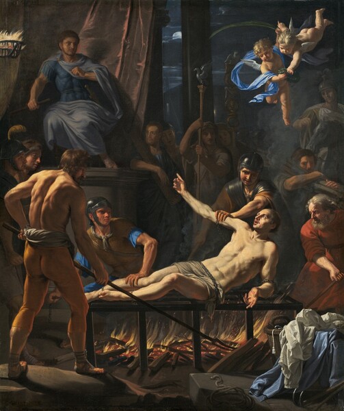 A pale-skinned, nearly nude man is forced back on a metal grate set over fiery coals in this vertical painting. About a dozen men gather around or near the fire, and they all have pale or tanned skin. The person on the grate, Saint Lawrence, leans back on one elbow, which is chained to the grate. Another chain wraps across his hips, over a white loincloth, and more chains bind his legs. He raises one arm, which is forced down by a cleanshaven man wearing armor. Saint Lawrence has dark brown hair and a mustache. His body is muscled and lit with an orange glow from the embers below. One man, closest to us and to our left, stokes the flames with a long fork. He is bare chested, and wears ochre-yellow, tightly fitting, calf-length pants. A nickel-gray cloth is wrapped around his waist, and he wears sandals on his feet. White and topaz blue fabric, presumably clothing, sits on a basket next to a forked, iron instrument in the lower right corner of the painting. A second man stoking the fire to our right, near Saint Lawrence’s head, has a gray beard and hair, and wears a scarlet-red tunic. Others in the shadowed background look on, wearing robes or pieces of metal armor. Saint Lawrence’s raised hand gestures toward a man sitting on a high plinth, near the upper left corner of the composition. That man wears a lapis-blue, form-fitting breastplate. A flint-blue cape is fastened across his shoulders and wraps over his legs. He leans away with one fist raised to his chest, and he holds a short staff in the other hand, by his side. A dusky rose-pink drapery hangs behind him, and a torch-like basket is affixed to the wall next to him. Two winged, baby-like angels hover over Saint Lawrence’s head. Both have curly blond hair and pudgy bodies. One holds a long palm frond and together they hold a crown of laurel leaves. Azure-blue drapery billows around one and spruce-blue drapery flutters around the other. A moonlit sky and landscape are visible in an opening beyond the crowd.