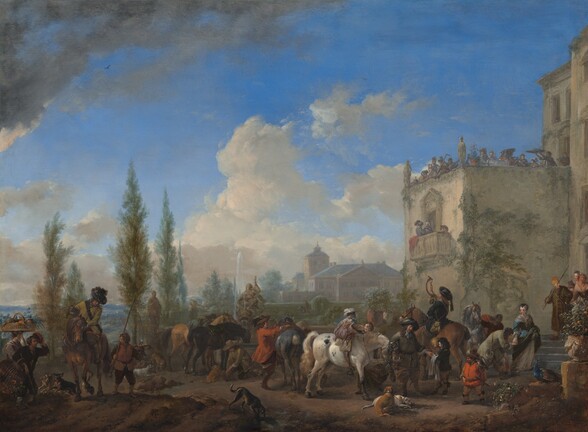 Sixteen men, women, and children sit on or walk among seven horses against a landscape with tall, narrow trees, buildings, and distant mountains under a vivid blue sky in this horizontal painting. In the lower left corner, a man and woman approach the group, which are arrayed across a dirt ground. The man carries a large basket with chickens over one arm and doffs his hat with his other hand. Just behind him, the woman carries a flat-bottomed, wide basket of fruit and vegetables balanced on her head. Some of the men in the main group wear wide-brimmed, feathered hats, long coats in shades of peanut brown, black, and scarlet red, and knee-length pants over stockings. The two other women wear gold-trimmed dresses in shimmering orchid pink or sapphire blue. Several of the men and women ride or prepare to ride horses, which range in shades of brown, gray, white, and black. Nine dogs with brown, white, or black fur frolic, stand, or lie among the horses. One boy pours from a jug into a stemmed glass with a flaring bowl, held by a man holding a curling hunting horn. Just beyond this pair, another man, wearing black and sitting on a horse, blows into a curving horn held up in one hand, while his other hand is planted on his hip. All the people have pale pink skin except for two men. One, to our right, is possibly of short stature and he has an olive complexion. He wears a crimson-red jacket and holds a falcon on one gloved hand. The second man has brown skin and holds the reins of a gray horse near the right edge of the composition. Near the lower right corner of the painting, a potted miniature orange tree sits on a ledge next to a peacock who perches nearby. A second peacock’s head peers out from behind the ledge. A fountain just behind the group at the center has water pouring from a stylized fish’s mouth. A sculpted woman riding the fish holds up a long object while water spouts in thin streams from her breasts. Another statue stands between two tall, spear-like trees to our left. To our right, about two dozen people look onto the scene below from a rooftop terrace on a section of the building rising up along the right edge of the painting. There, a band of musicians plays while guests dine at a small table with a peacock-shaped pie, as two more people bring out trays of food. On the front face of that structure, a man and woman talk on a balcony, as a monkey eating an orange perches on the banister. A grassy lawn or garden stretches back to a large manor house, which is hazy in the distance to our right. The horizon comes about a quarter of the way up this composition, and the sky above has bright white and flint-gray clouds against a brilliant blue sky. The overlapping letters “DG” are inscribed on the rump of a horse to our left, near the fountain. Painted in red in the lower right corner, the letters “PHILS” are entwined in a monogram next to a “W.”
